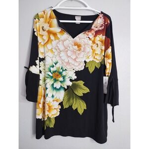 Chicos Eastern Bouquet Floral Tunic V-Neck 3/4 Sleeve Preppy Vacation Office  L